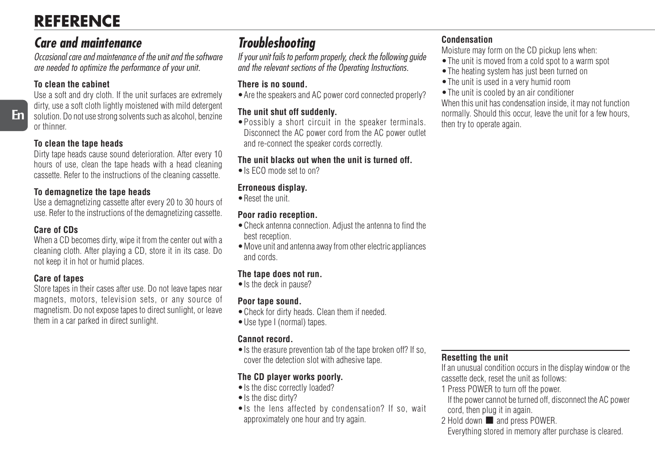 Reference, Care and maintenance, Troubleshooting | 20 en | Aiwa NSX-TR77 User Manual | Page 20 / 22