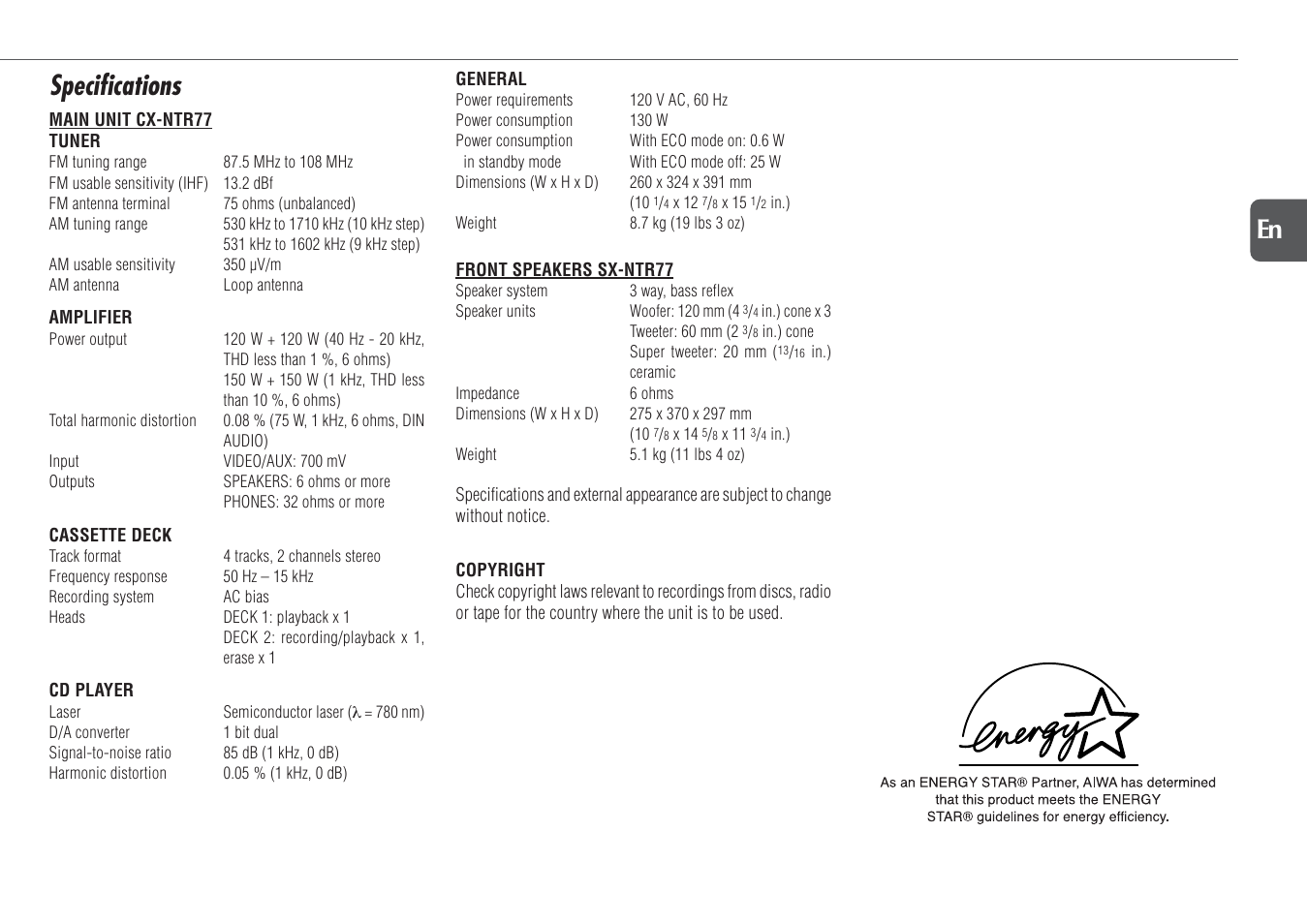 Specifications, 21 en | Aiwa NSX-TR77 User Manual | Page 21 / 22