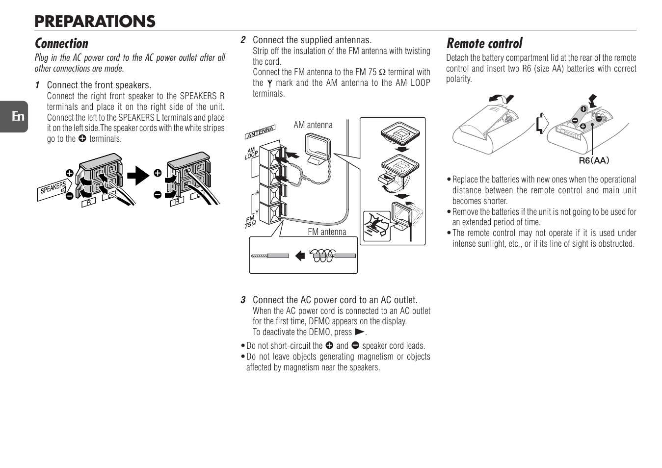 Preparations, Connection, Remote control | Aiwa NSX-TR77 User Manual | Page 4 / 22
