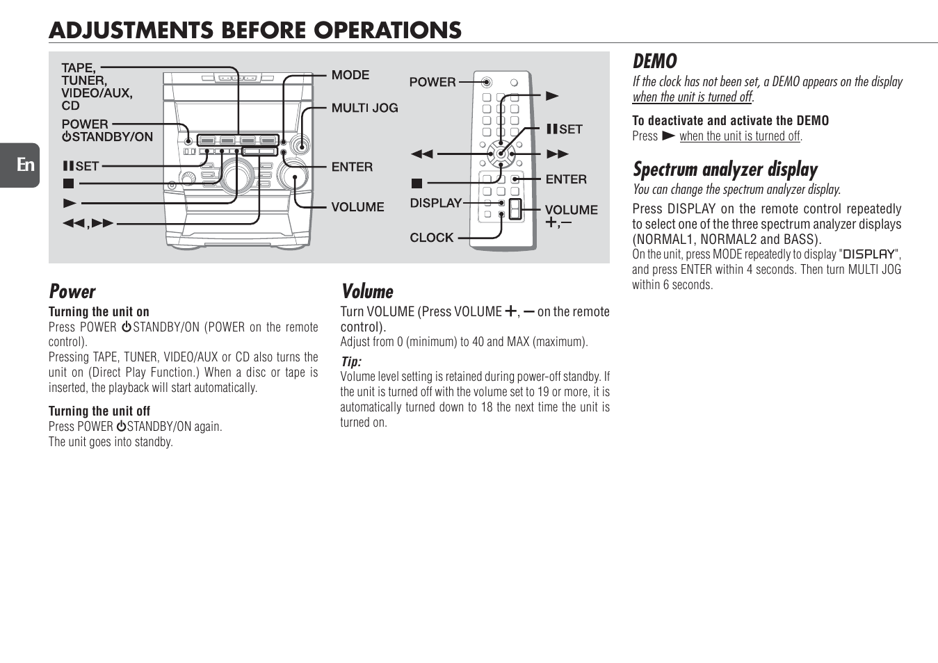 Adjustments before operations, Power, Demo | Spectrum analyzer display, Volume | Aiwa NSX-TR77 User Manual | Page 8 / 22
