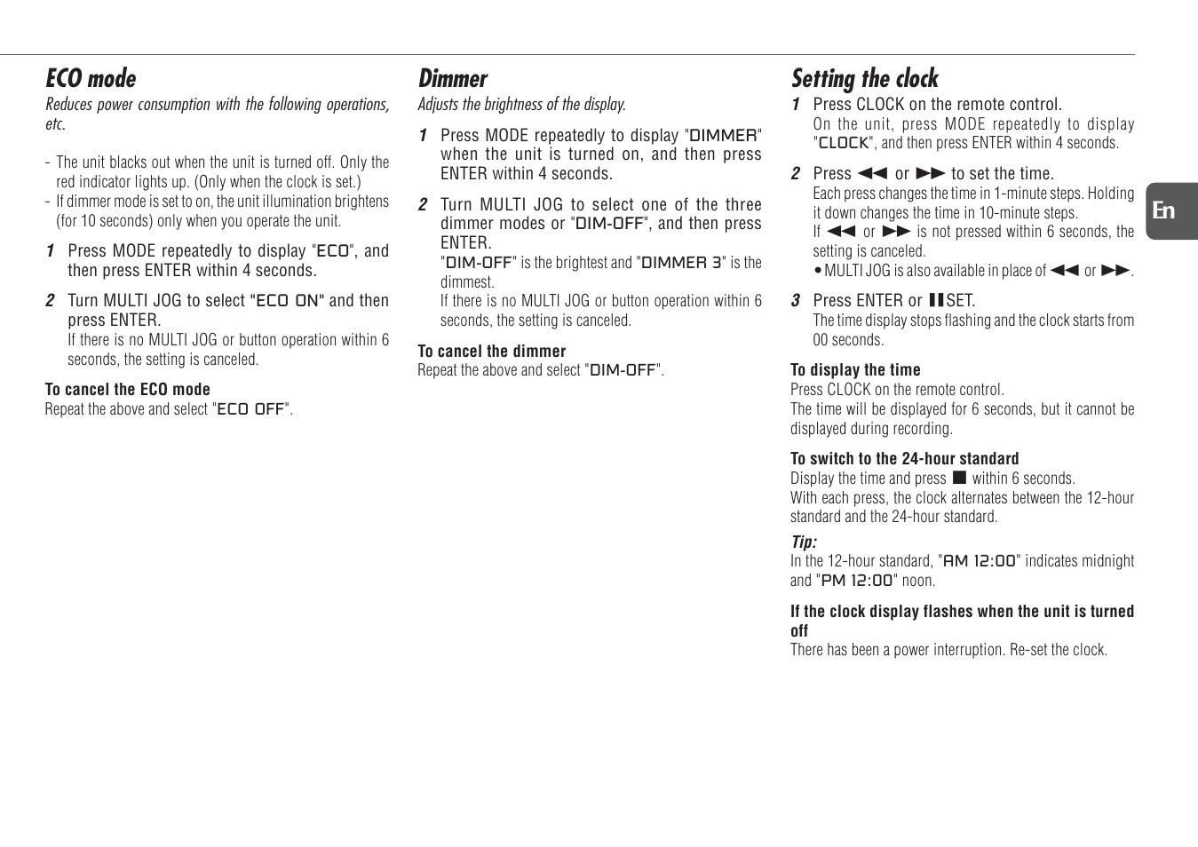 Dimmer, Setting the clock, Eco mode | Aiwa NSX-TR77 User Manual | Page 9 / 22