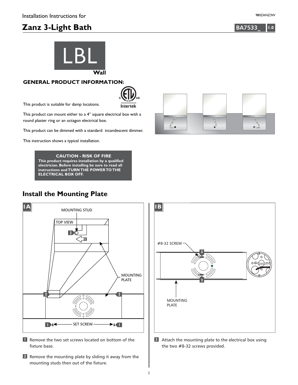 LBL Lighting Zanz 3-Light User Manual | 4 pages