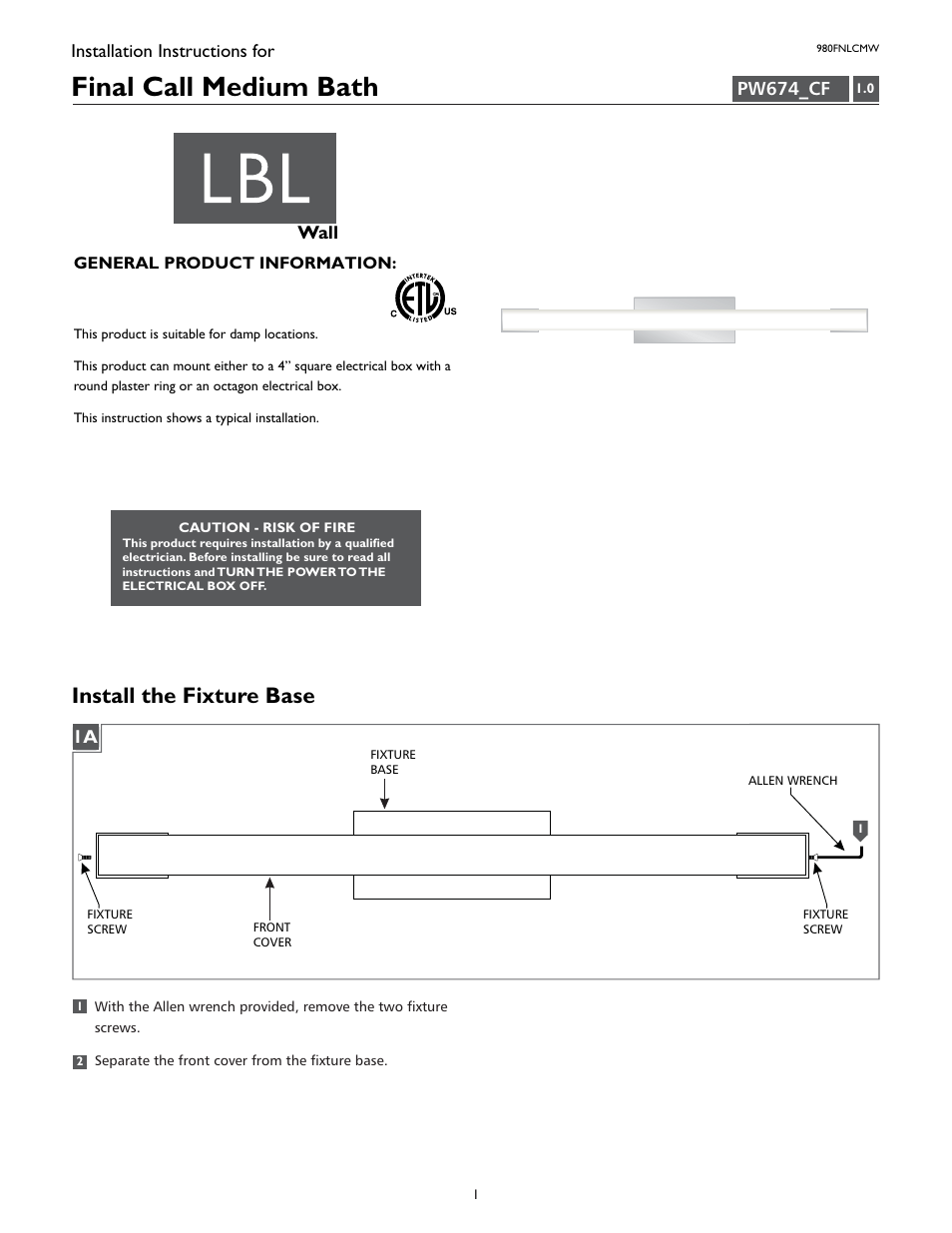 LBL Lighting Final Call Medium User Manual | 4 pages