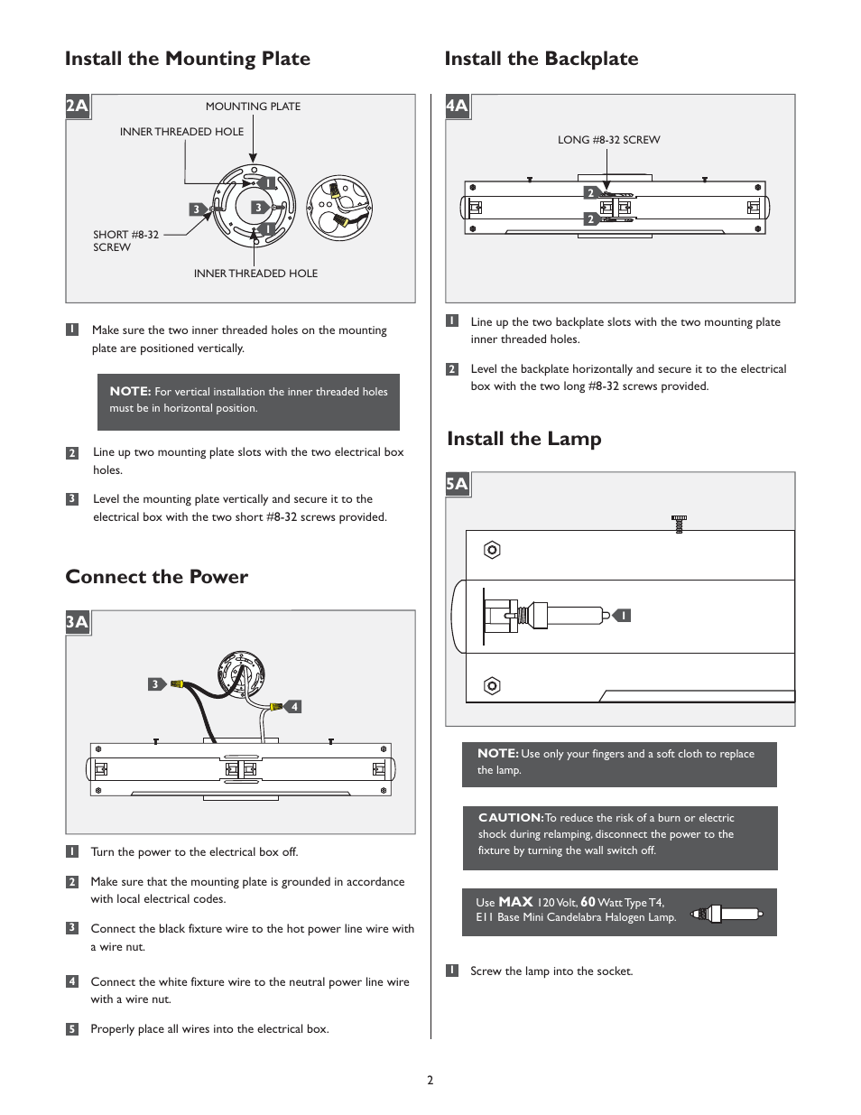Install the mounting plate, Install the backplate, Connect the power | Install the lamp, 4a 5a | LBL Lighting Mia W User Manual | Page 2 / 4