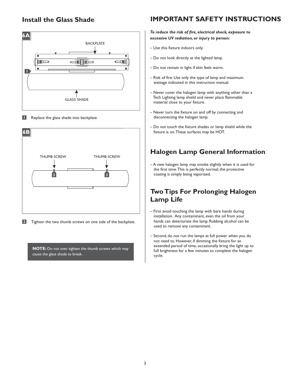 Install the glass shade, Important safety instructions, Halogen lamp general information | Two tips for prolonging halogen lamp life | LBL Lighting Mia W User Manual | Page 3 / 4