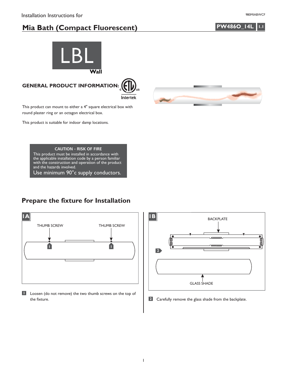 LBL Lighting Mia WCF User Manual | 4 pages