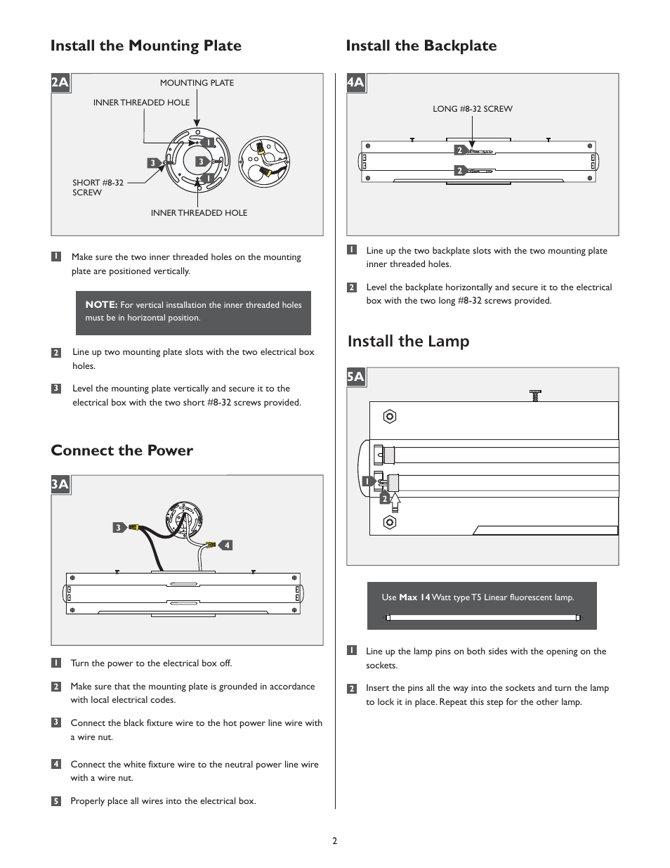 Install the mounting plate install the backplate, Connect the power, Install the lamp | 4a 3a | LBL Lighting Mia WCF User Manual | Page 2 / 4