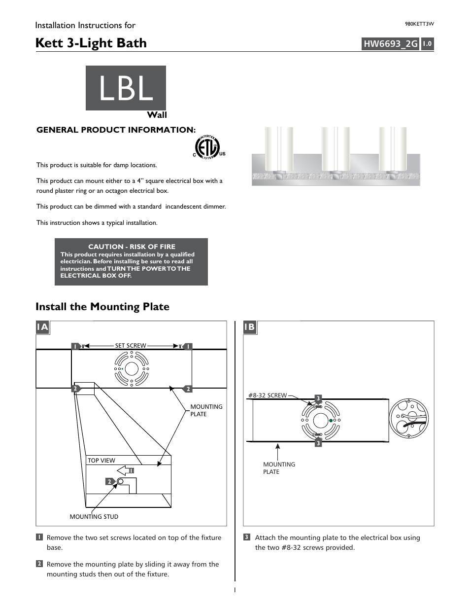 LBL Lighting Kett 3-Light User Manual | 4 pages