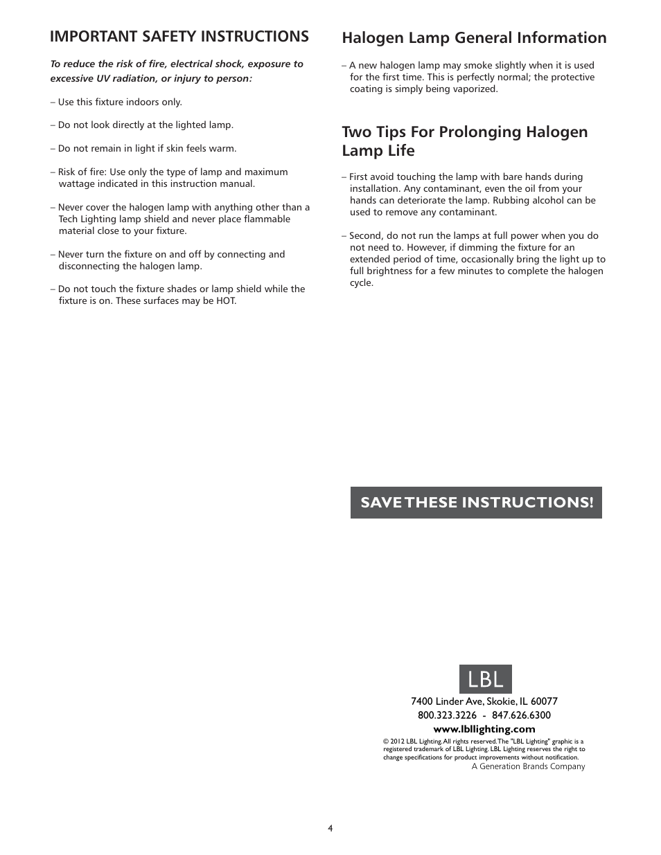 Important safety instructions, Halogen lamp general information, Two tips for prolonging halogen lamp life | Save these instructions | LBL Lighting Kett 3-Light User Manual | Page 4 / 4