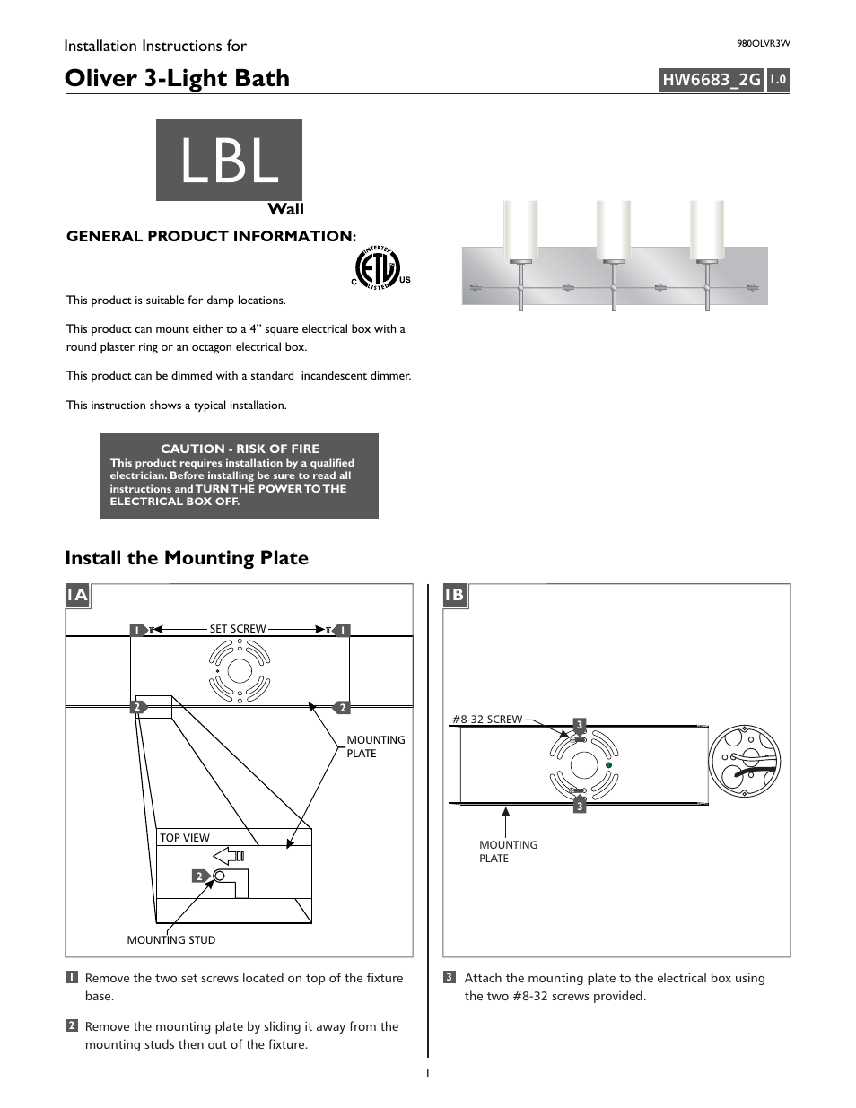 LBL Lighting Oliver 3-Light User Manual | 4 pages