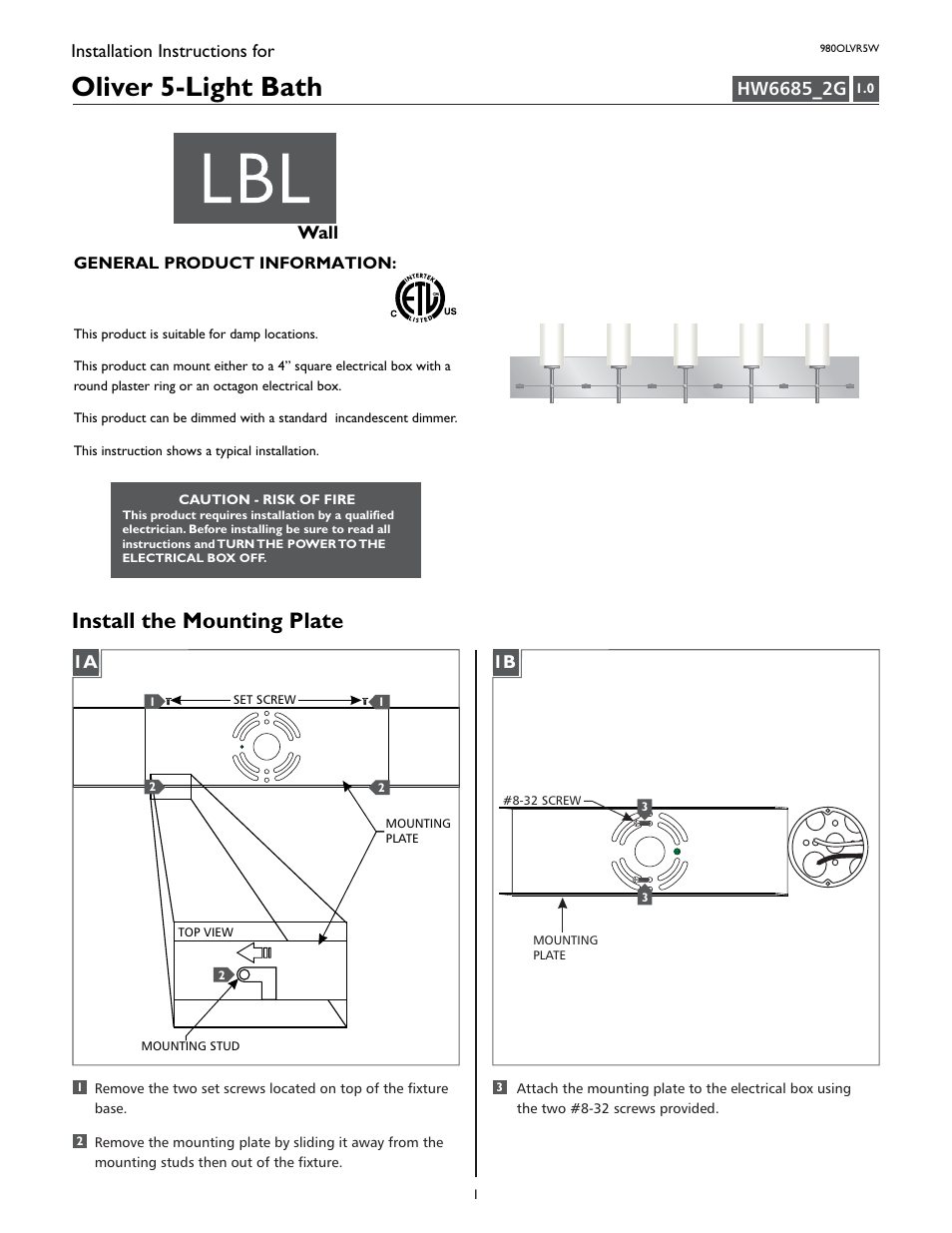 LBL Lighting Oliver 5-Light User Manual | 4 pages