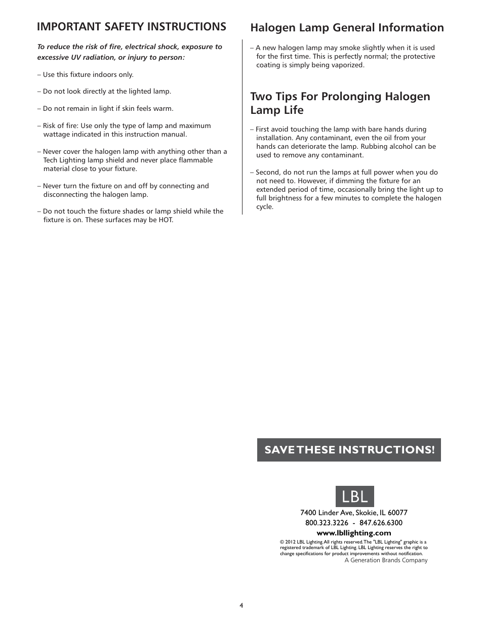 Important safety instructions, Halogen lamp general information, Two tips for prolonging halogen lamp life | Save these instructions | LBL Lighting Oliver 5-Light User Manual | Page 4 / 4