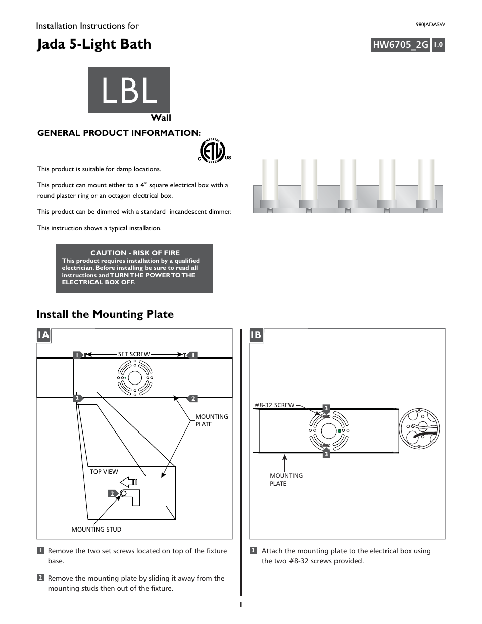 LBL Lighting Jada 5-Light User Manual | 4 pages