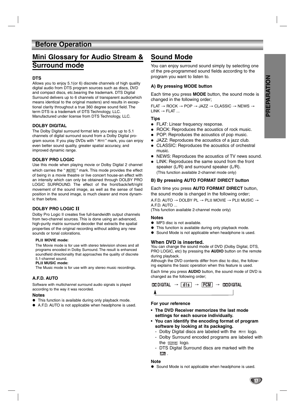 Sound mode, Prep ara tion | Aiwa AVJ-X33 User Manual | Page 17 / 39