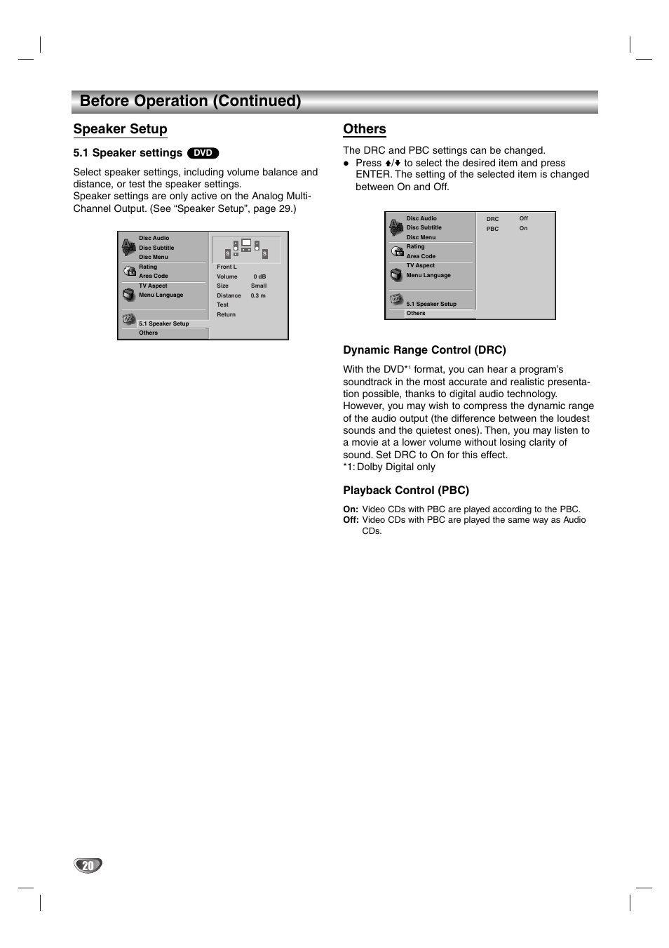 Before operation (continued), Speaker setup, Others | 1 speaker settings, Dynamic range control (drc), Playback control (pbc), With the dvd | Aiwa AVJ-X33 User Manual | Page 20 / 39