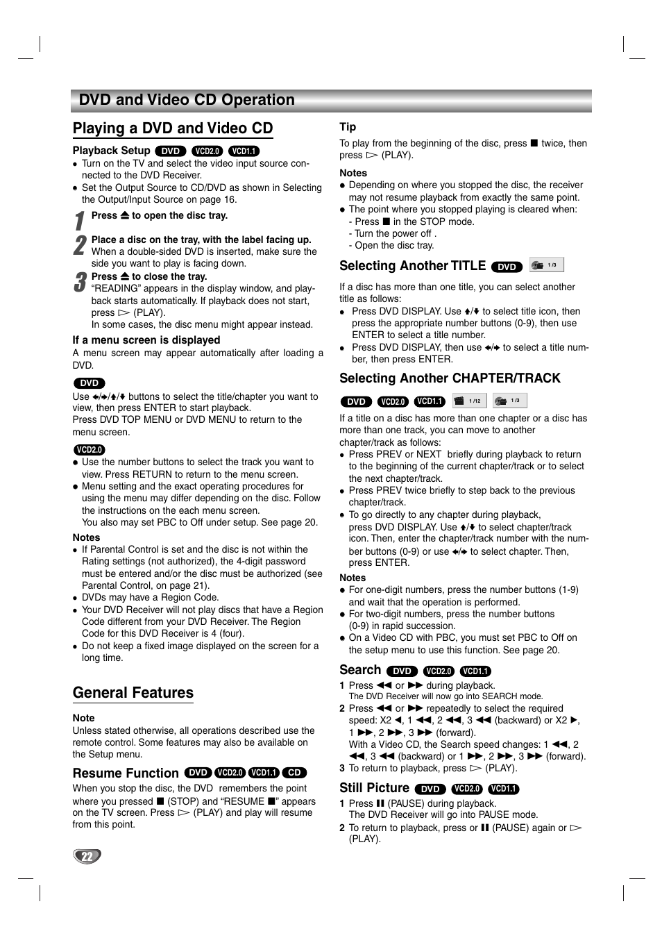 General features, Resume function, Selecting another title | Selecting another chapter/track, Search, Still picture | Aiwa AVJ-X33 User Manual | Page 22 / 39