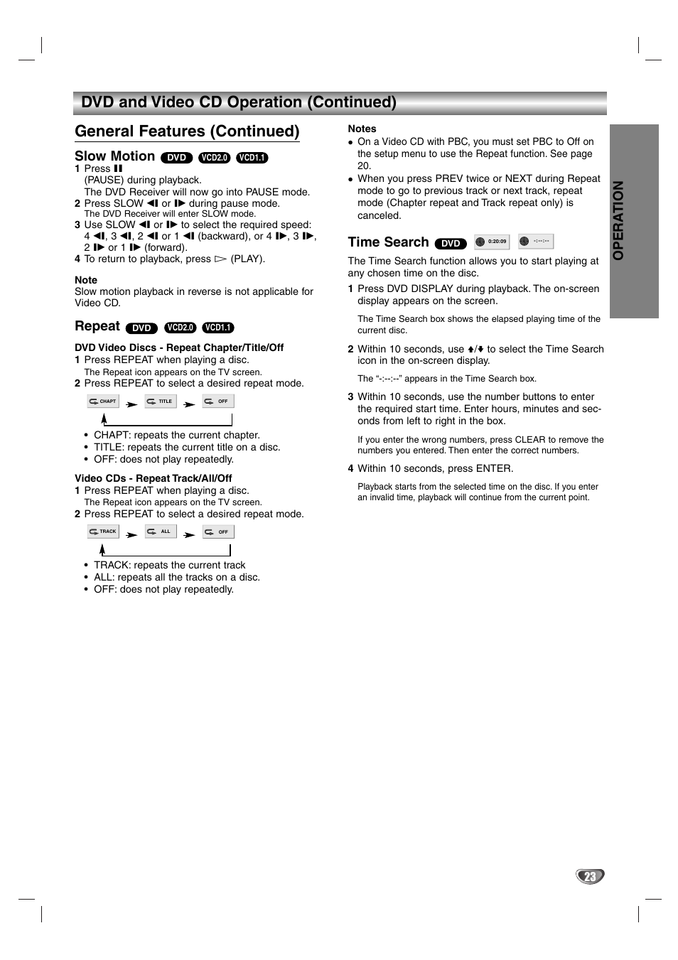 Opera tion, Slow motion, Repeat | Time search | Aiwa AVJ-X33 User Manual | Page 23 / 39