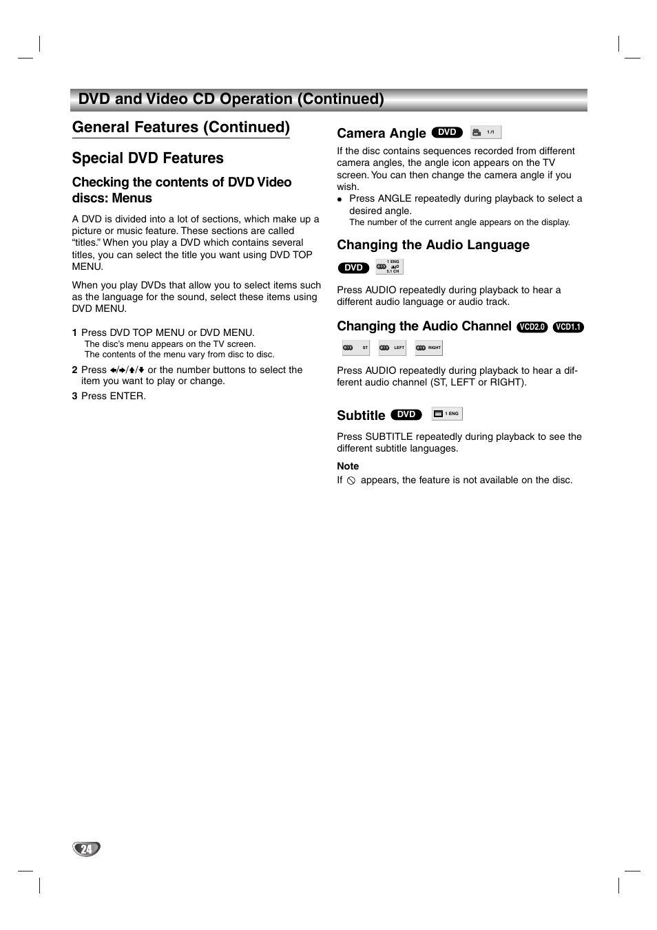 Checking the contents of dvd video discs: menus, Camera angle, Changing the audio language | Changing the audio channel, Subtitle | Aiwa AVJ-X33 User Manual | Page 24 / 39