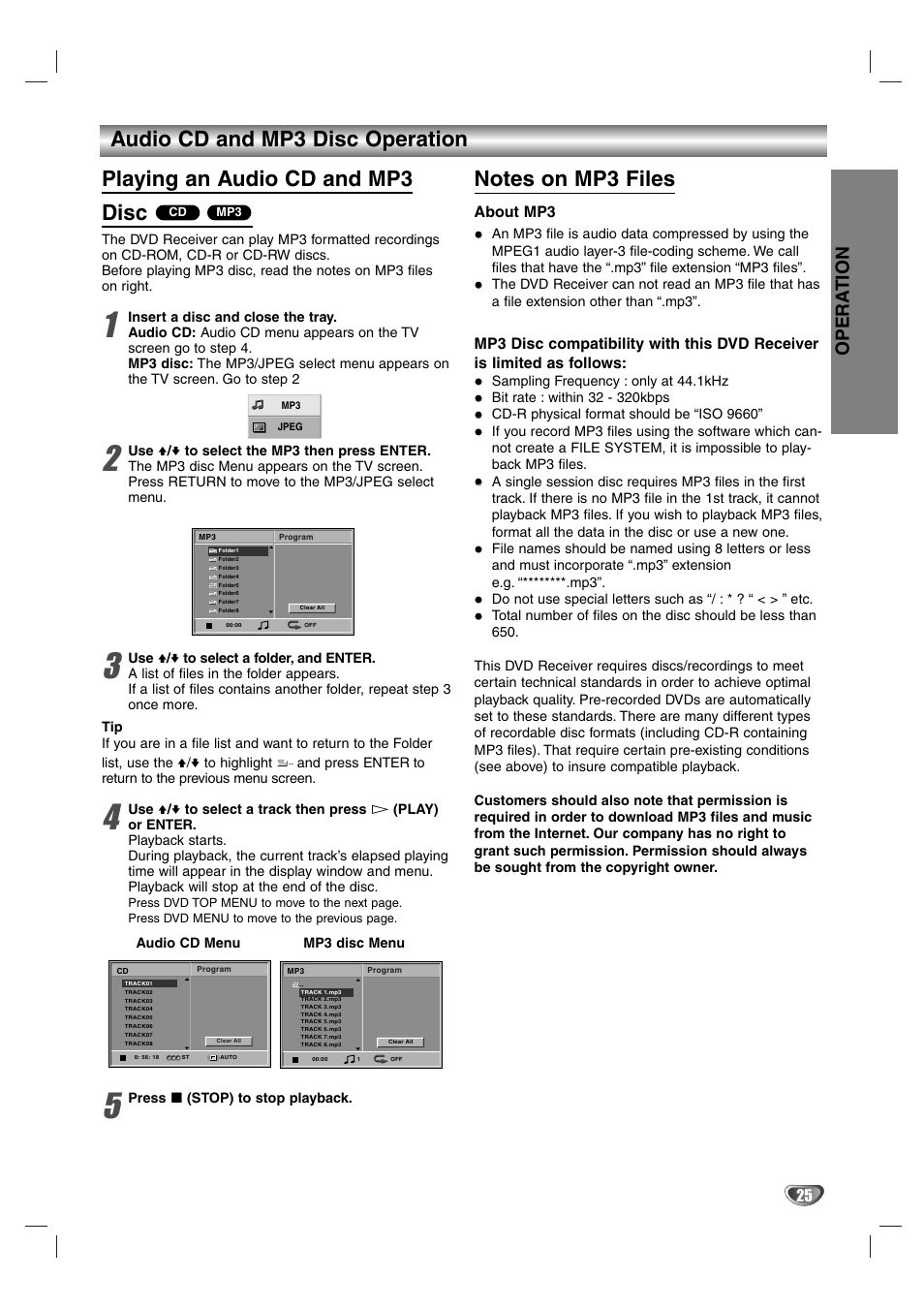 Opera tion, About mp3 | Aiwa AVJ-X33 User Manual | Page 25 / 39