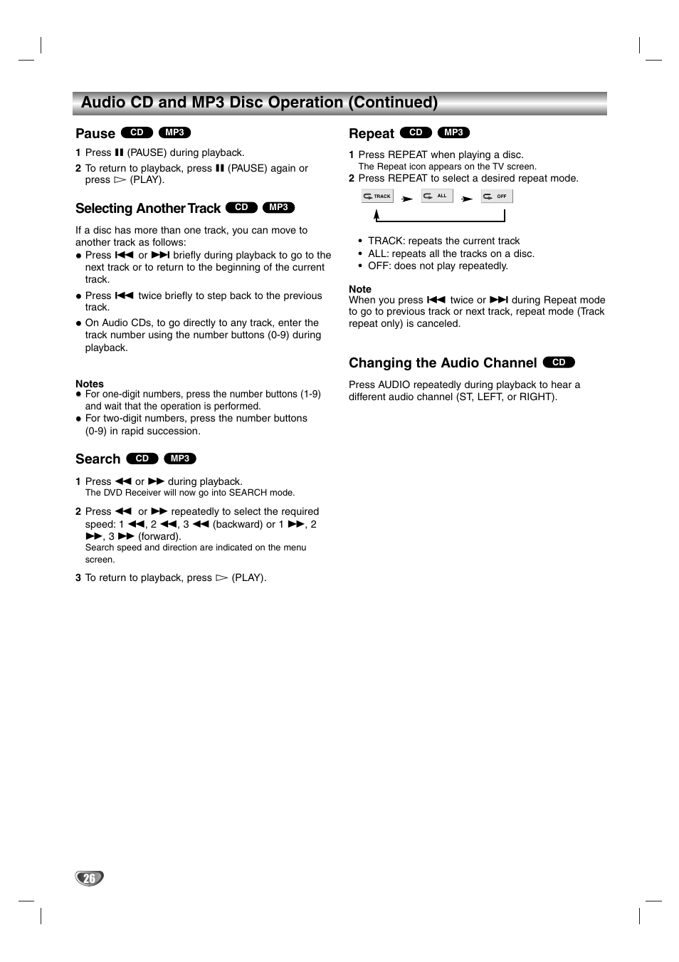 Audio cd and mp3 disc operation (continued), Pause, Selecting another track | Search, Repeat, Changing the audio channel | Aiwa AVJ-X33 User Manual | Page 26 / 39