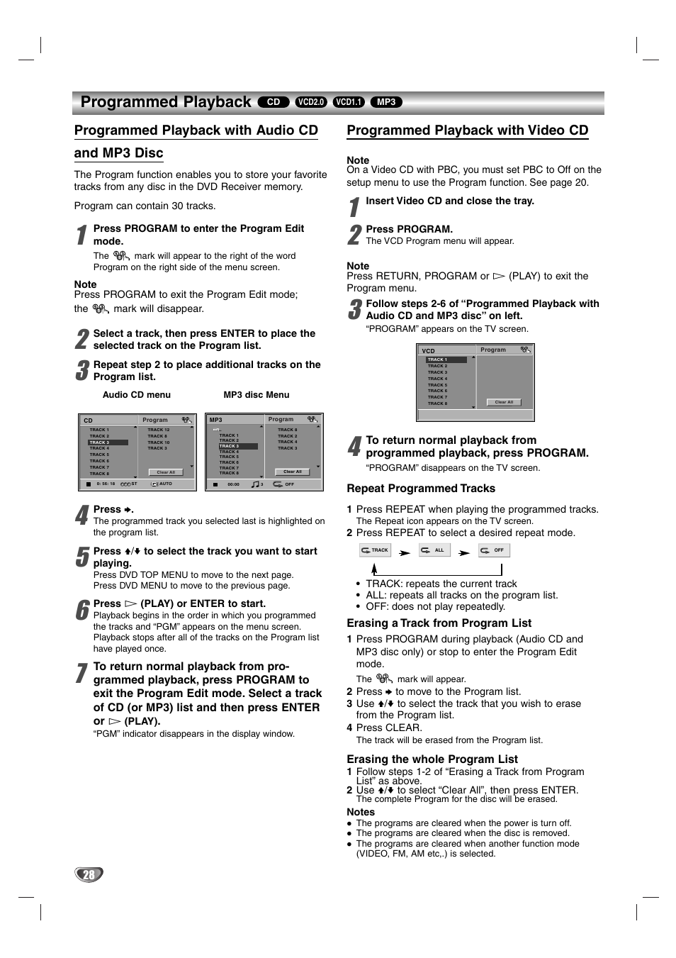Programmed playback, Programmed playback with audio cd and mp3 disc, Programmed playback with video cd | Aiwa AVJ-X33 User Manual | Page 28 / 39