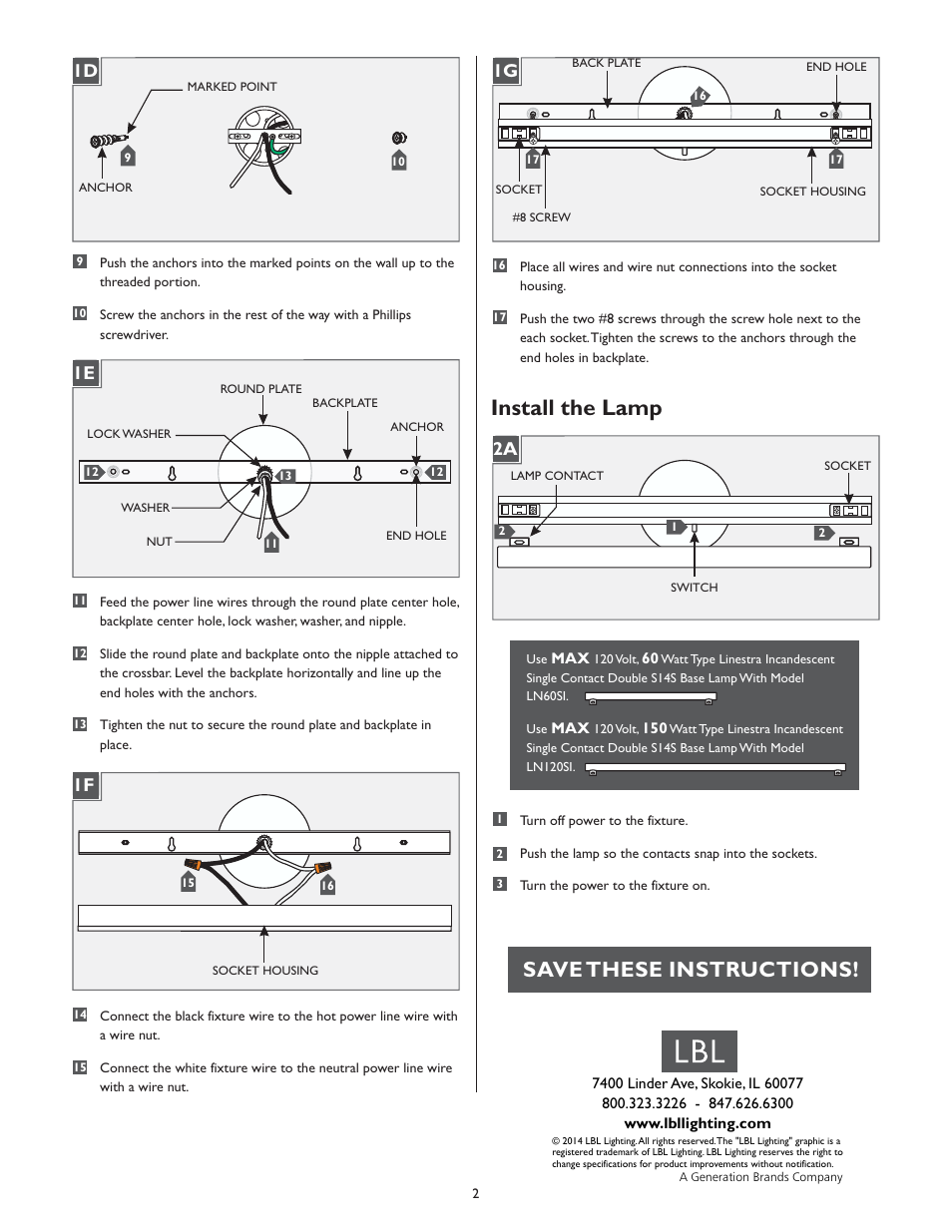 Install the lamp, Save these instructions, 2a 1g | LBL Lighting Linea User Manual | Page 2 / 2