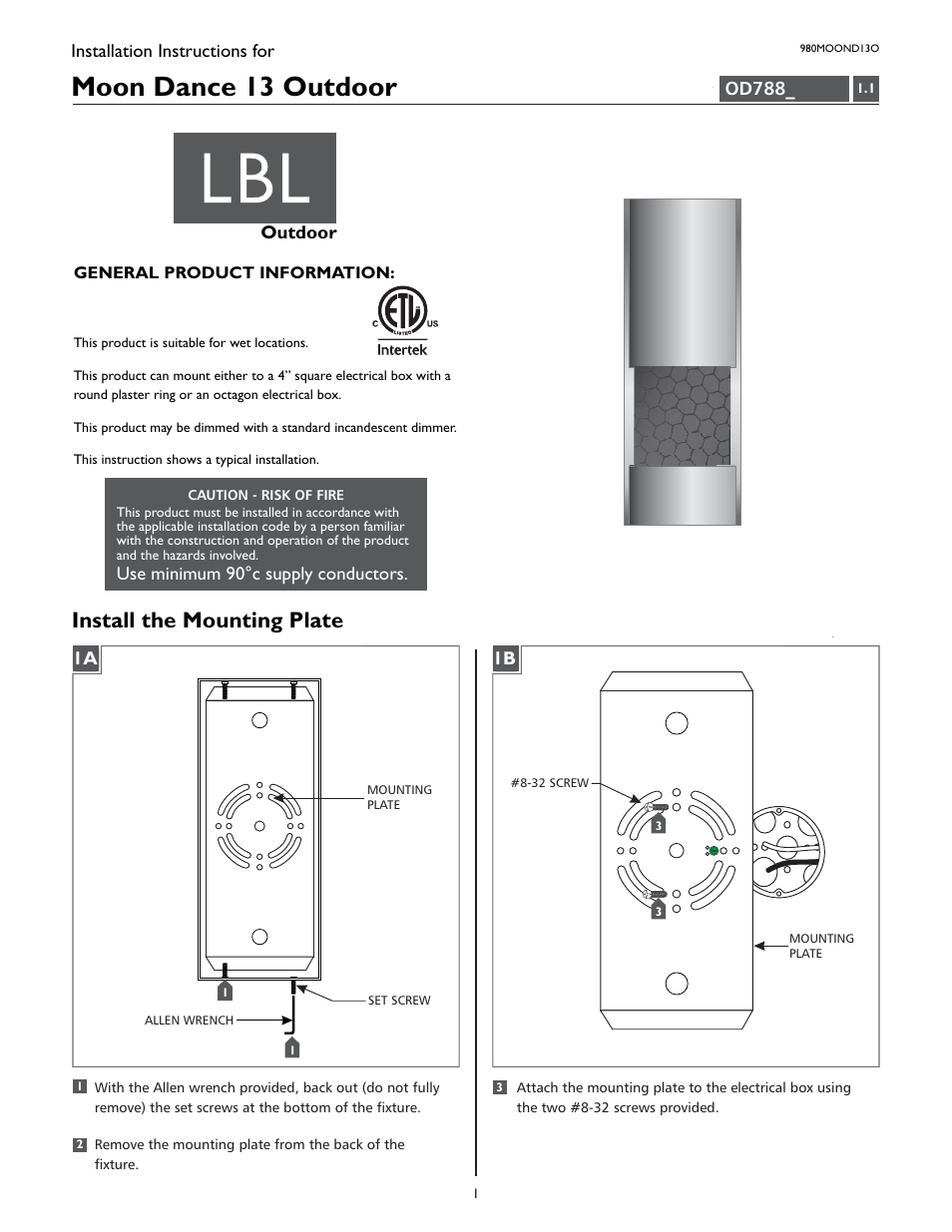 LBL Lighting Moon Dance 13 User Manual | 4 pages