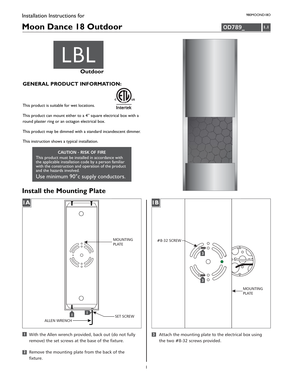 LBL Lighting Moon Dance 18 User Manual | 4 pages