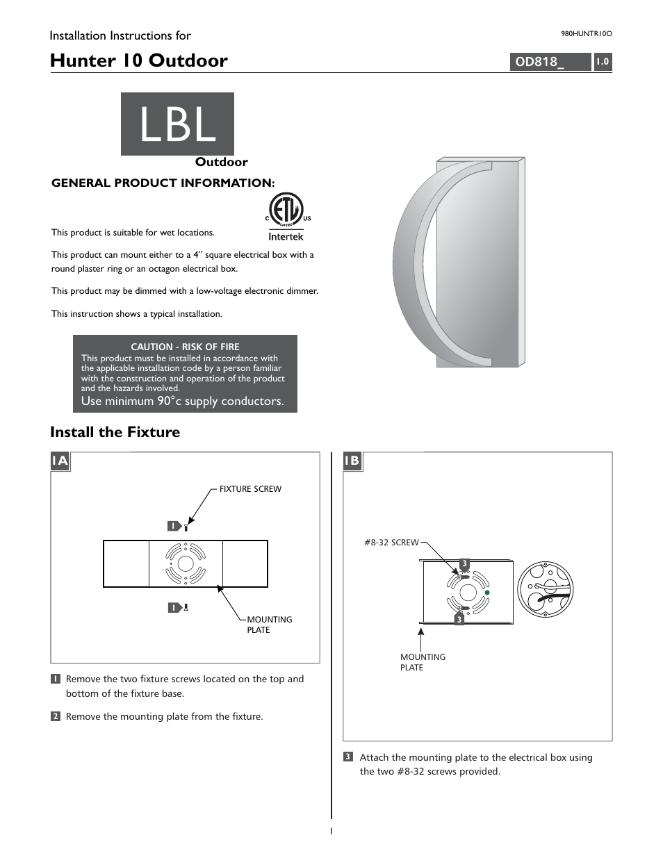 LBL Lighting Hunter 10 User Manual | 2 pages