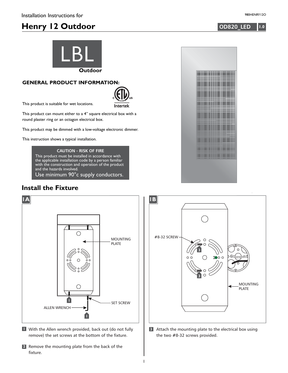 LBL Lighting Henry 12 User Manual | 4 pages