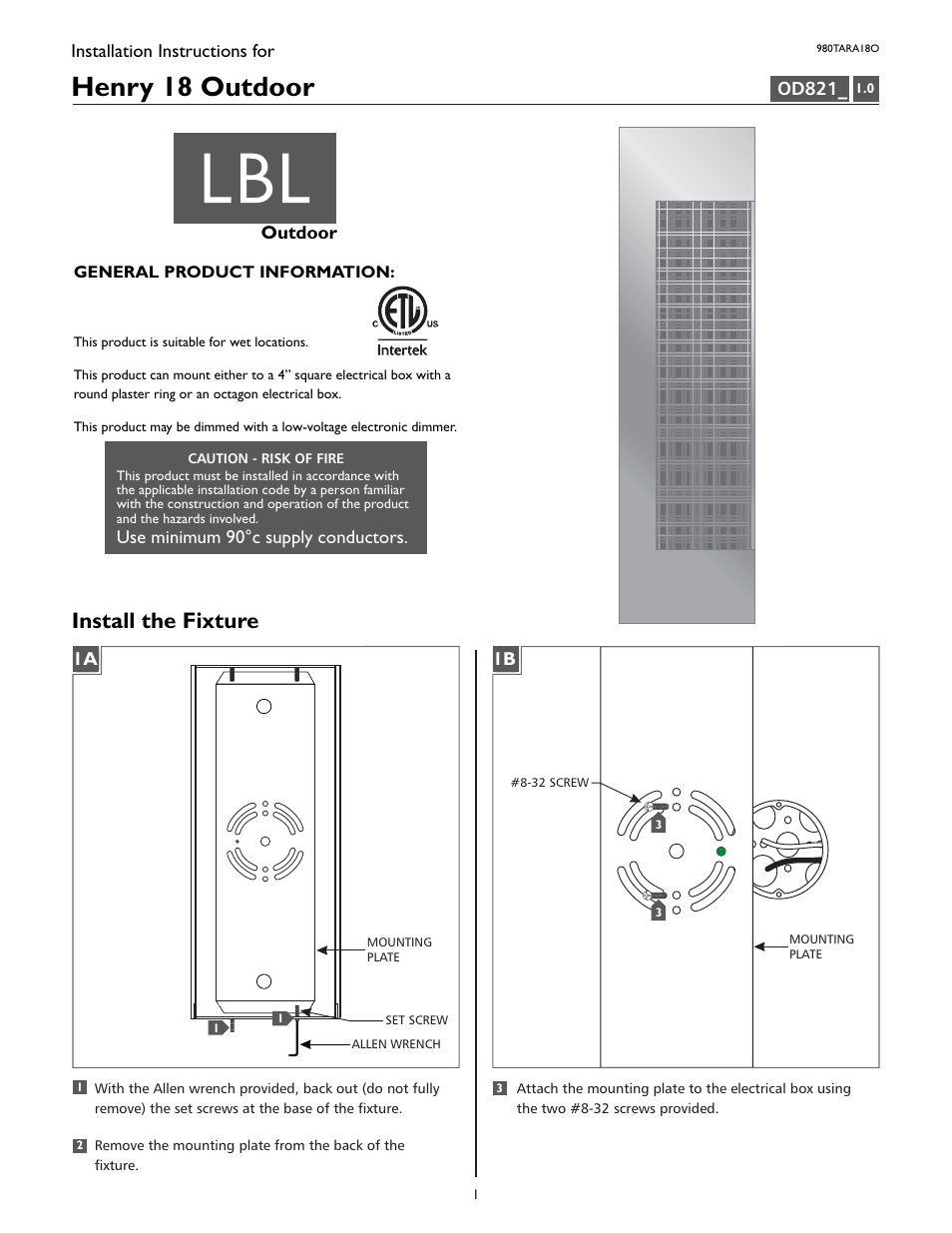 LBL Lighting Henry 18 User Manual | 4 pages