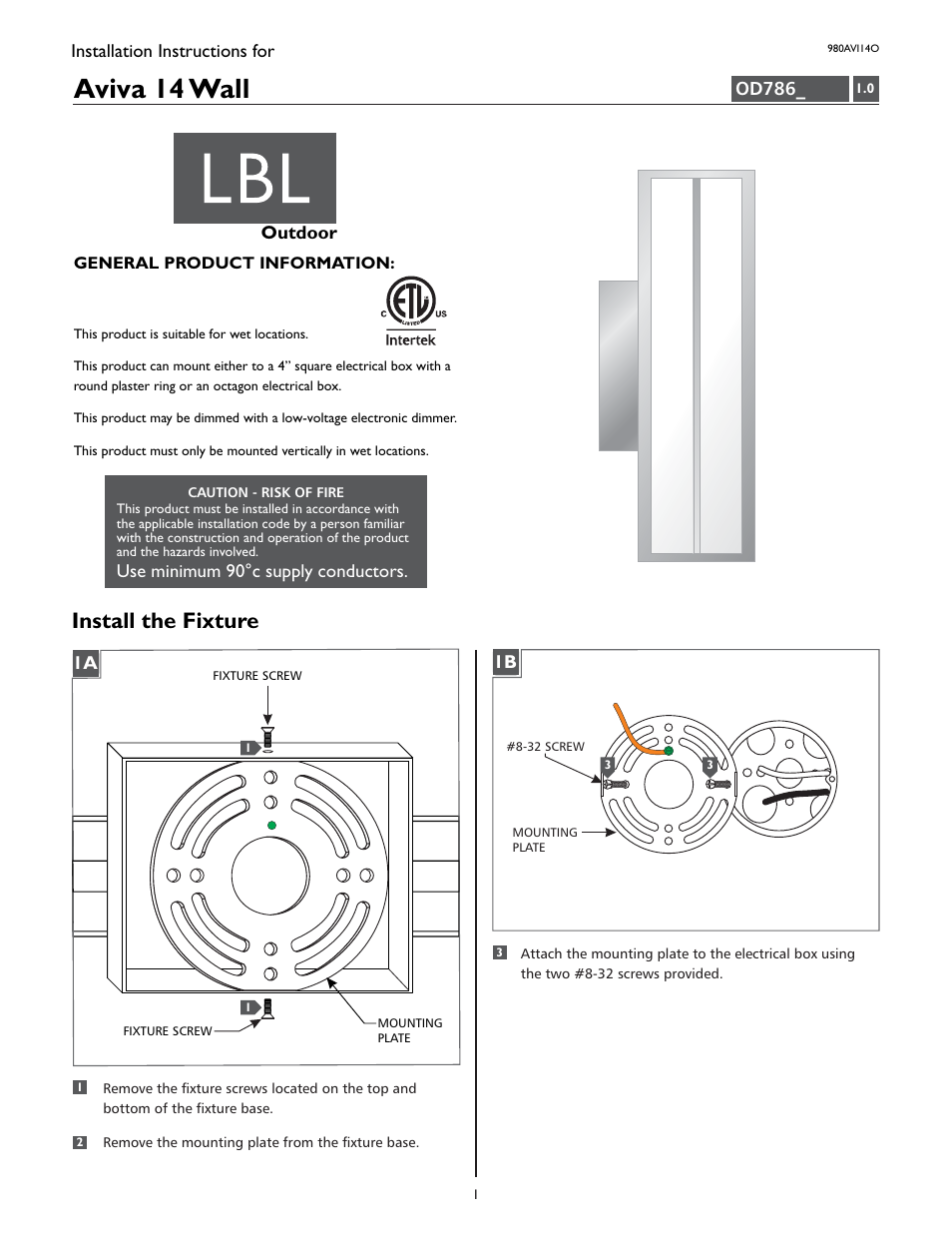 LBL Lighting Aviva 14 User Manual | 2 pages