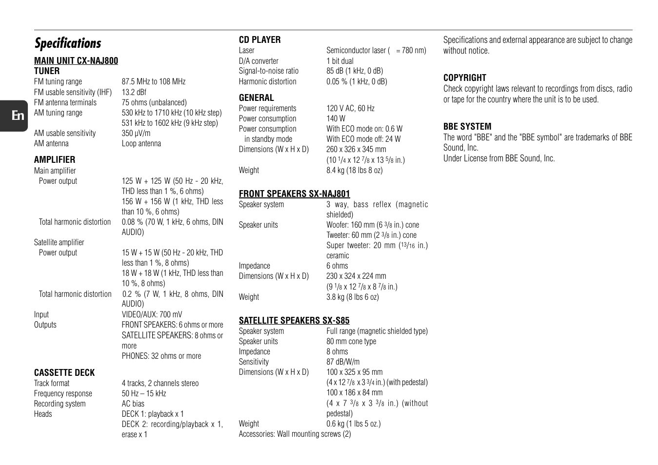 Specifications, 22 en | Aiwa NSX-AJ800 User Manual | Page 22 / 23