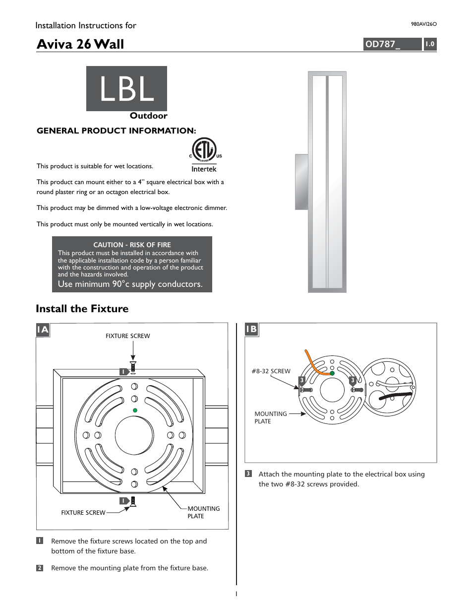 LBL Lighting Aviva 26 User Manual | 2 pages