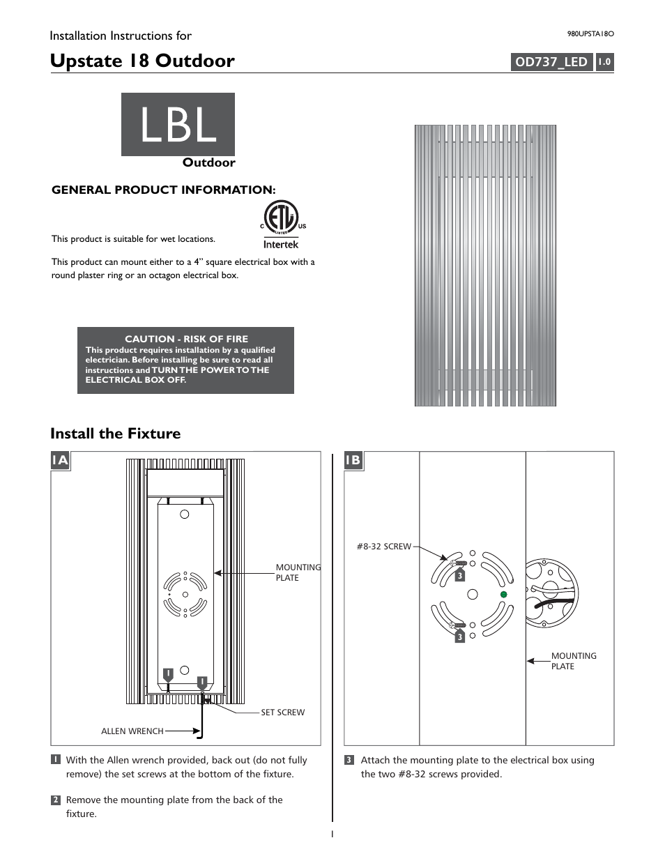 LBL Lighting Upstate 18 User Manual | 4 pages