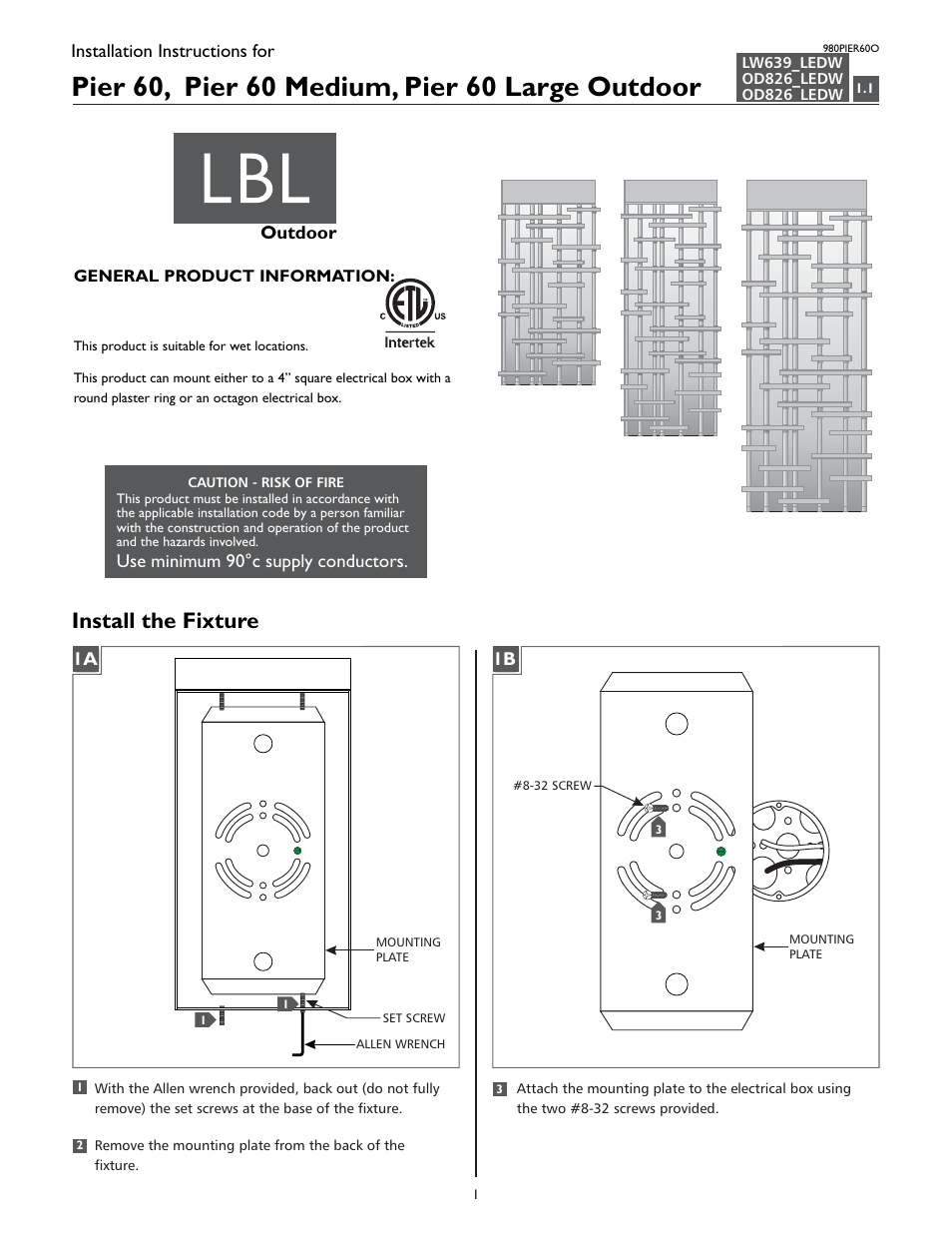 LBL Lighting Pier 60 Large User Manual | 4 pages