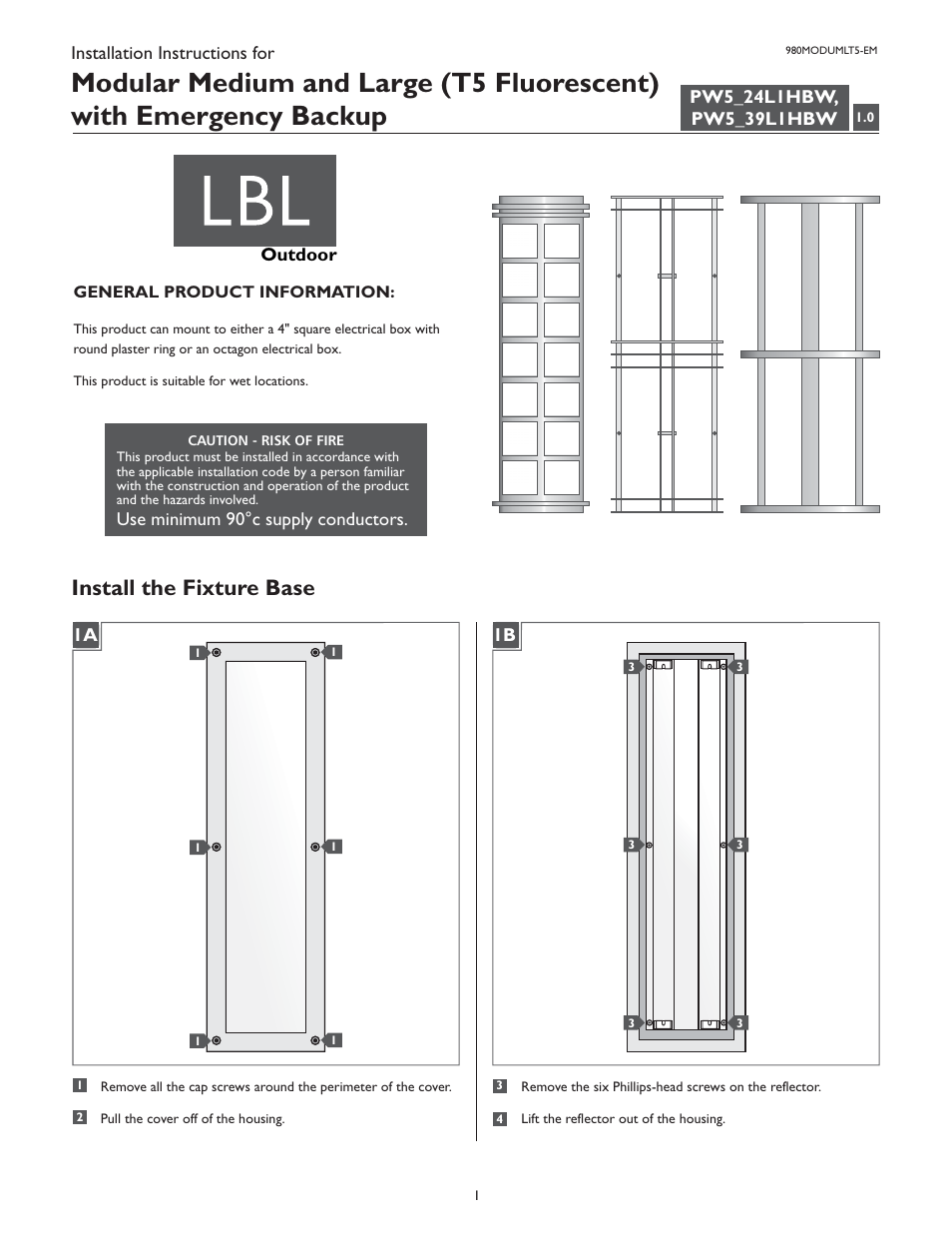 LBL Lighting Modular New York Medium/Large T5 with Emergency Backup User Manual | 4 pages