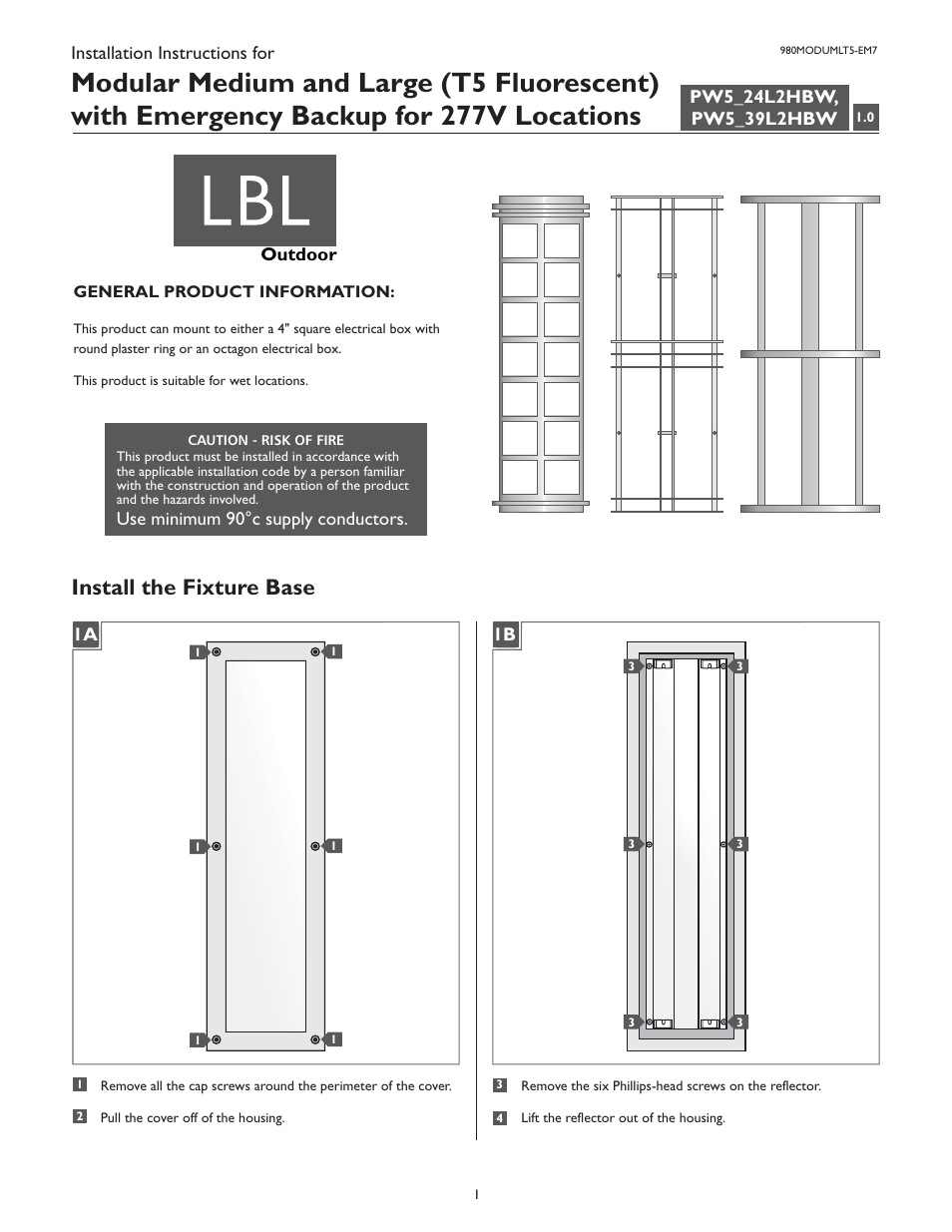 LBL Lighting Modular New York Medium/Large T5 with Emergency Backup for 227V User Manual | 4 pages