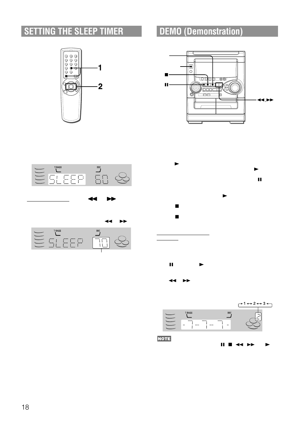 Setting the sleep timer, Demo (demonstration) | Aiwa NSX-AJ20 User Manual | Page 18 / 62