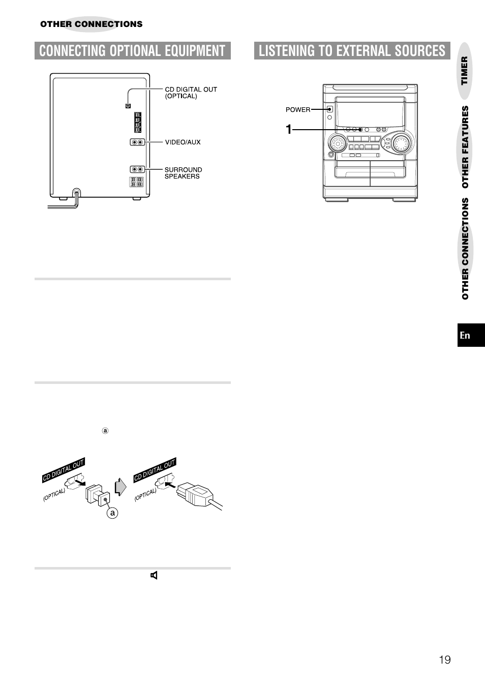 Listening to external sources, Connecting optional equipment | Aiwa NSX-AJ20 User Manual | Page 19 / 62