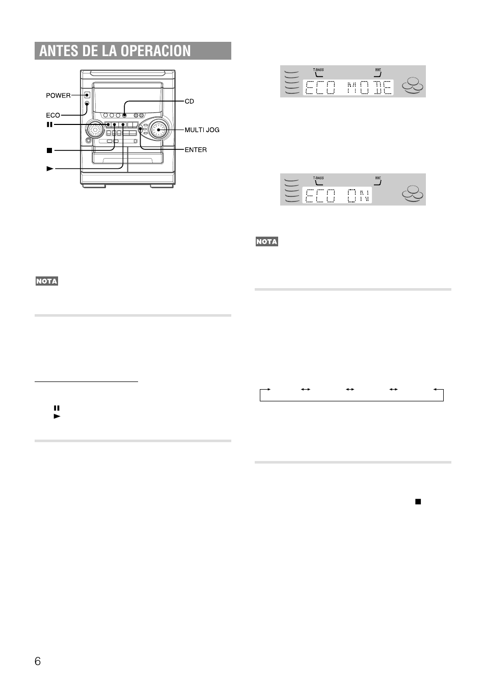 Antes de la operacion, Demo (demostración), Activacion del modo de ahorro de energia | Modo de intensidad de iluminacio, Ventanilla parpadeante | Aiwa NSX-AJ20 User Manual | Page 27 / 62