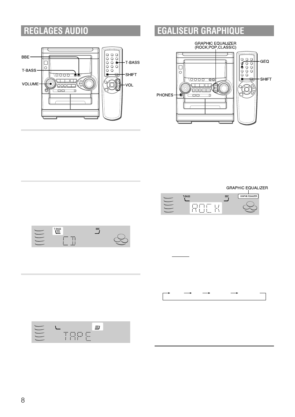Egaliseur graphique, Reglages audio, Volume | Systeme super t-bass, Systeme bbe | Aiwa NSX-AJ20 User Manual | Page 49 / 62