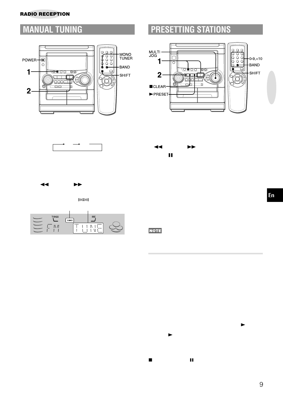 Presetting stations, Manual tuning, Preset number tuning | Aiwa NSX-AJ20 User Manual | Page 9 / 62