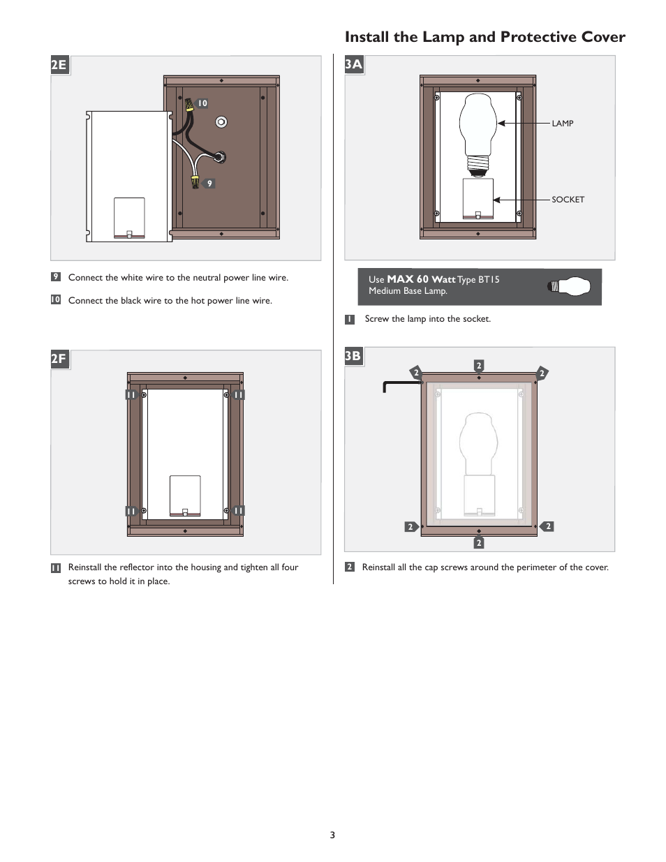 Install the lamp and protective cover, 2f 2e, 3b 3a | LBL Lighting Omni Small User Manual | Page 3 / 4