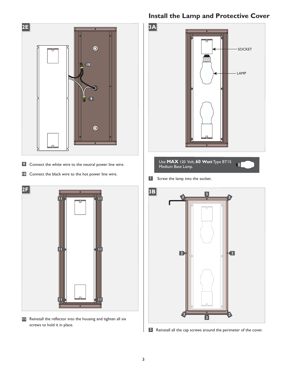 Install the lamp and protective cover, 2f 2e 3b 3a | LBL Lighting Omni Medium User Manual | Page 3 / 4