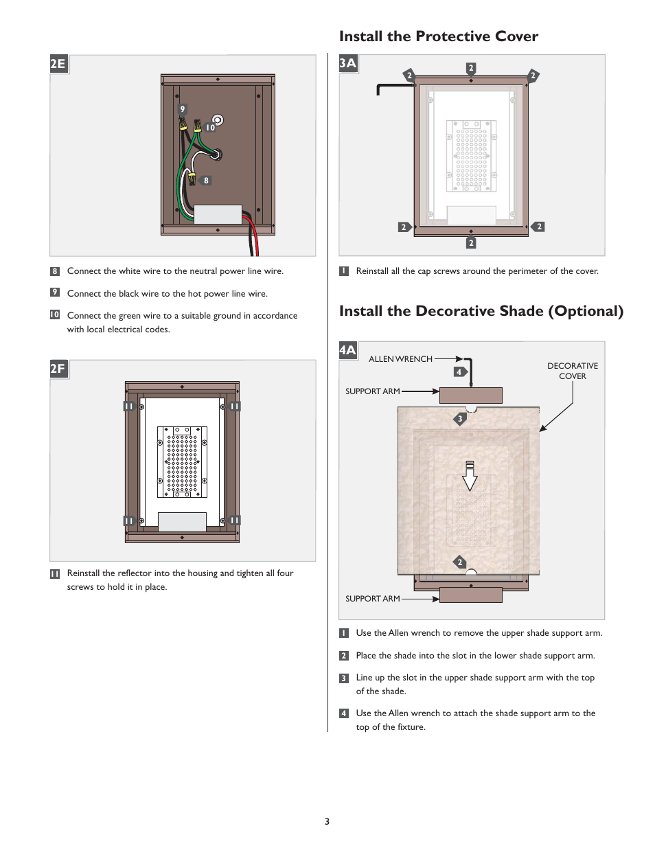 Install the protective cover, Install the decorative shade (optional), 2f 2e | 4a 3a | LBL Lighting Omni Small LED User Manual | Page 3 / 4