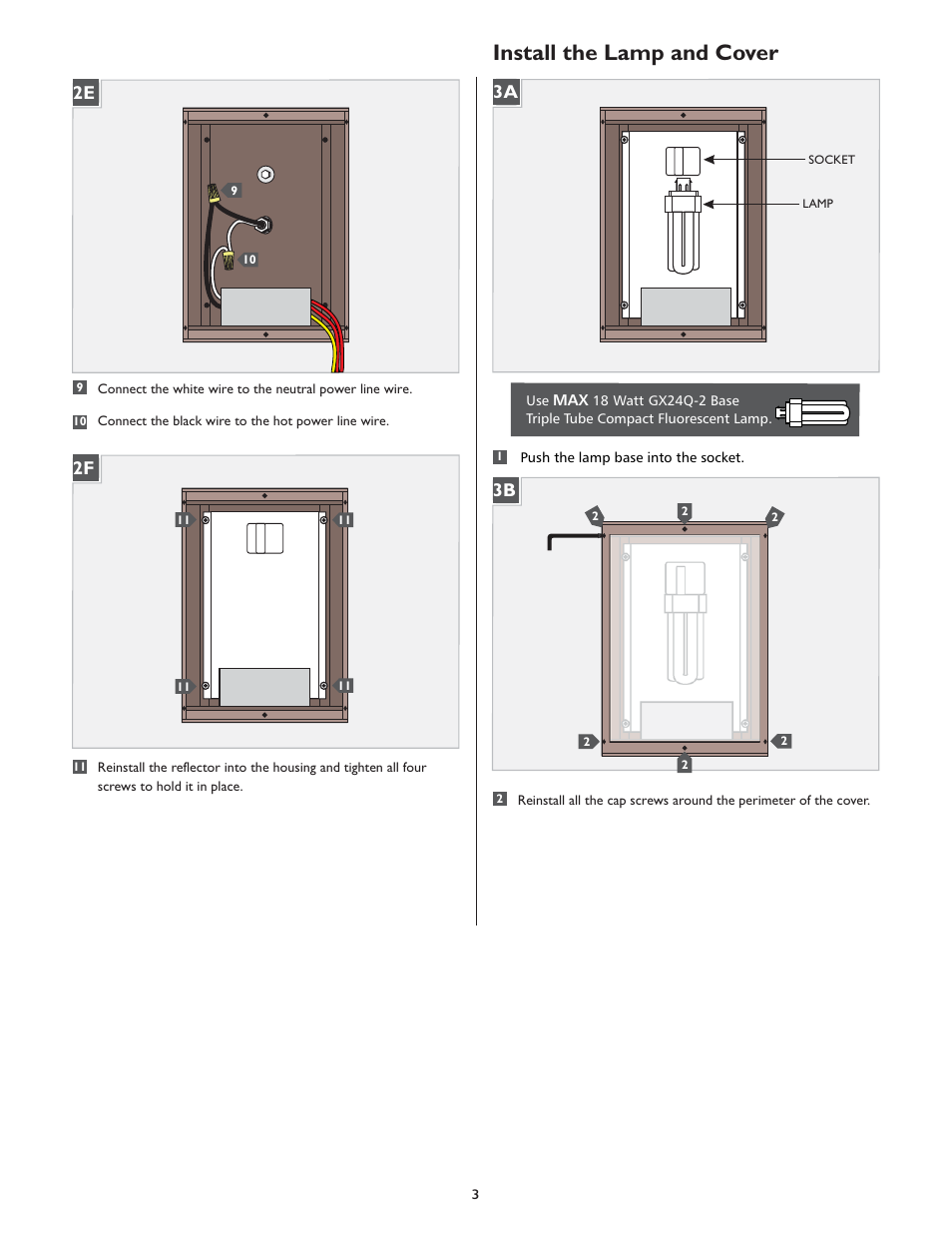 Install the lamp and cover, 3b 3a 2f 2e | LBL Lighting Omni Small CF User Manual | Page 3 / 4
