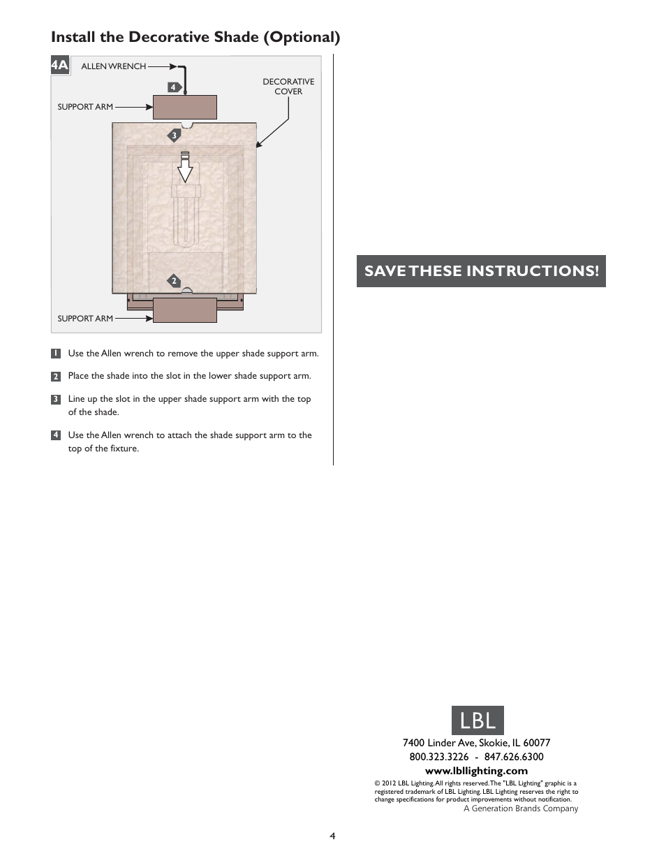 Install the decorative shade (optional), Save these instructions | LBL Lighting Omni Small CF User Manual | Page 4 / 4