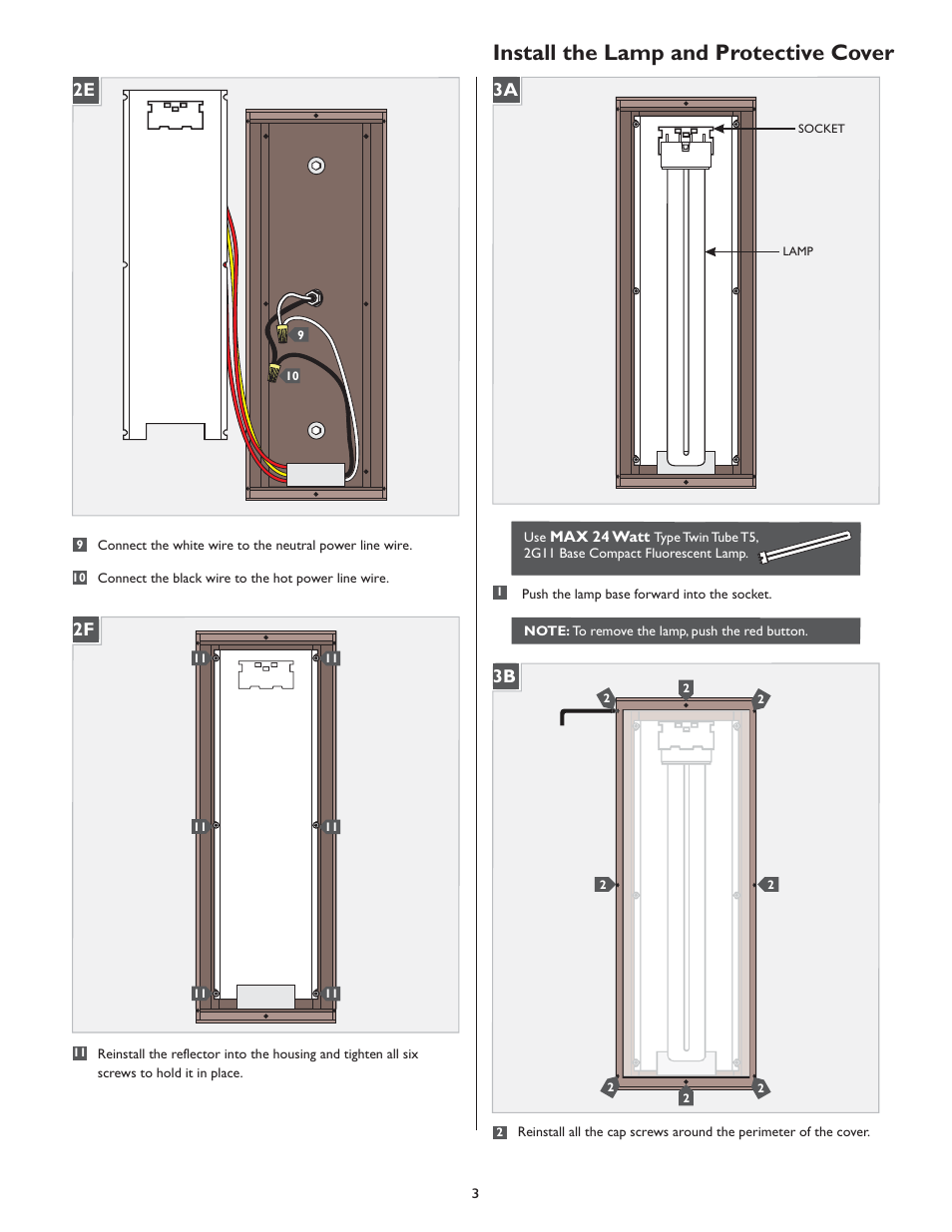 Install the lamp and protective cover, 2f 2e 3b 3a | LBL Lighting Omni Medium CF User Manual | Page 3 / 4