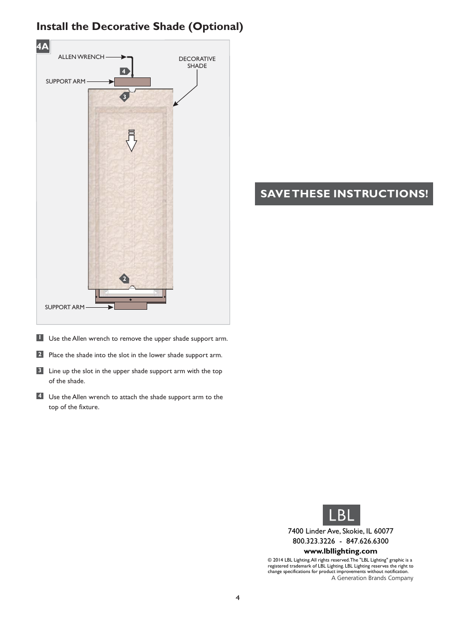 Install the decorative shade (optional), Save these instructions | LBL Lighting Omni Medium CF User Manual | Page 4 / 4